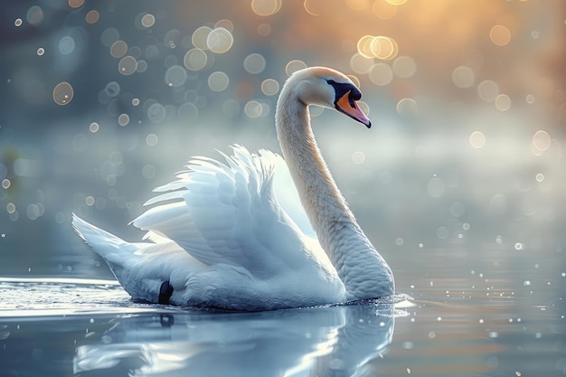 Um elegante cisne desliza pelo lago com o pescoço comprido estendido.