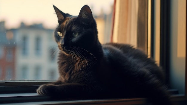 Um elegante gato preto se arrumando em um parapeito de janela gerado por IA