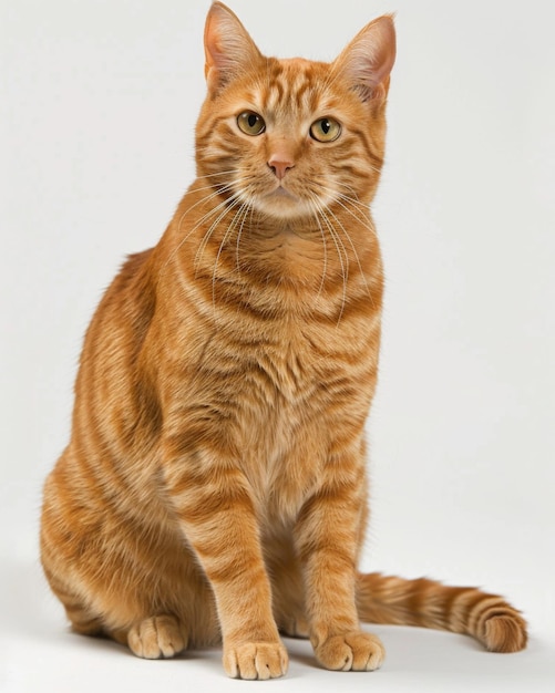 Um elegante gato tabby laranja senta-se graciosamente contra um fundo branco