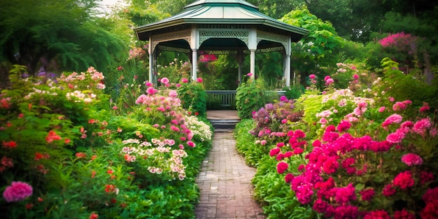 Um elegante gazebo de jardim envolto por flores perfumadas em uma paisagem opulenta e encantadora