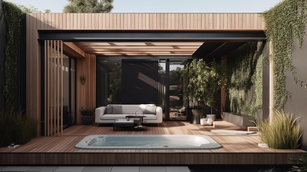 Um elegante lounge ao ar livre com uma banheira de hidromassagem minimalista gerada por IA