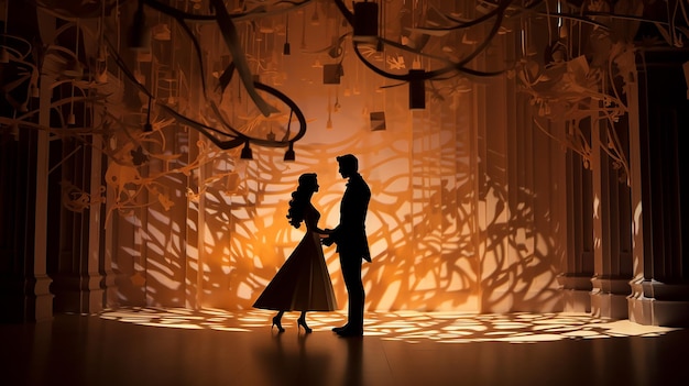 Foto um elegante papel cortado de um salão de baile um casal de dançarinos gira em um salão de luzes 3dendered brilhar suavemente