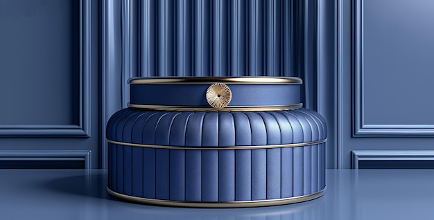 Um elegante pódio azul com linhas douradas na parte de trás para apresentação de produtos Exposição de produtos cosméticos Palco ou pódio Ilustração moderna