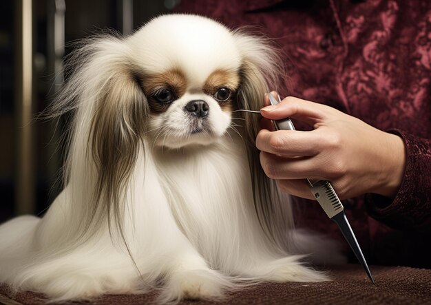 Um elegante queixo japonês sendo penteado enfatizando sua pelagem sedosa e esvoaçante