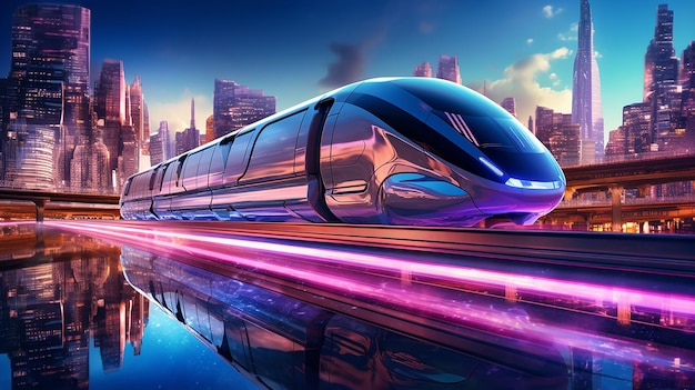 Um elegante trem maglev futurista deslizando através de uma paisagem urbana iluminada a noite