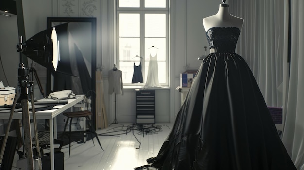 Um elegante vestido preto em um manequim em um estúdio de designers de moda iluminado por uma luz suave