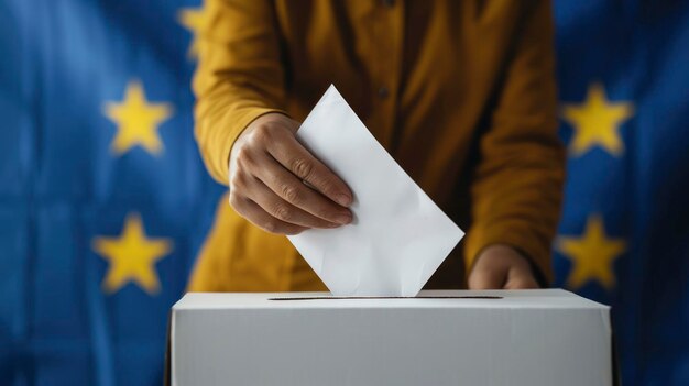 Foto um eleitor a usar a sua cédula de voto contra um fundo de bandeira europeia