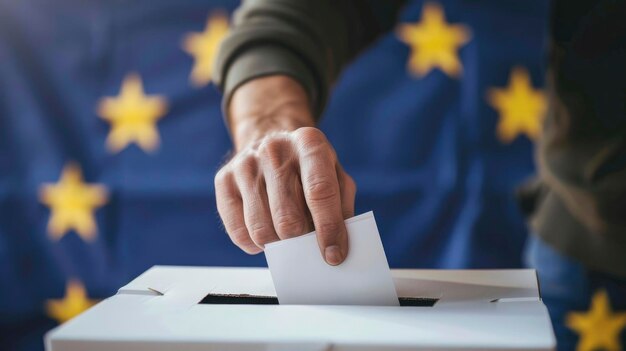 Foto um eleitor a usar a sua cédula de voto contra um fundo de bandeira europeia