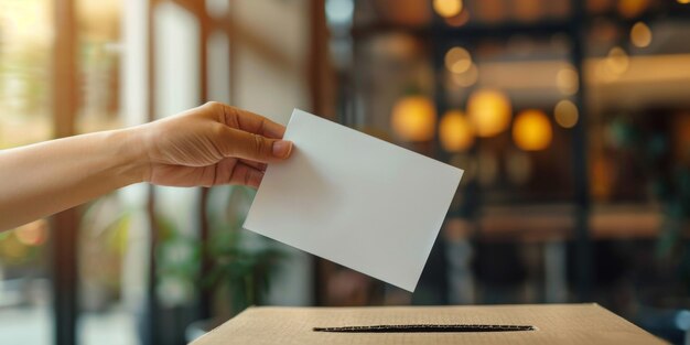Um eleitor coloca uma cédula em uma urna de votação em close-up fundo ensolarado desfocado IA geradora