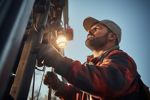 Um eletricista a consertar um poste de energia com IA gerativa