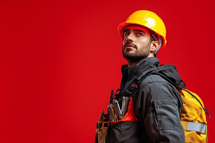 Foto um eletricista carregando algumas ferramentas e usando um capacete