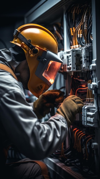 Foto um eletricista com equipamento de proteção trabalha em um painel elétrico