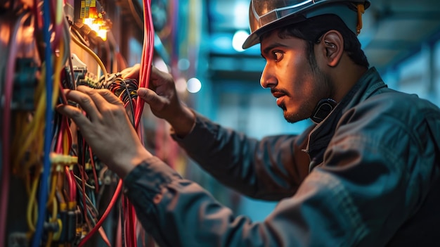 Um eletricista com um capacete amarelo trabalha meticulosamente em um painel elétrico complexo