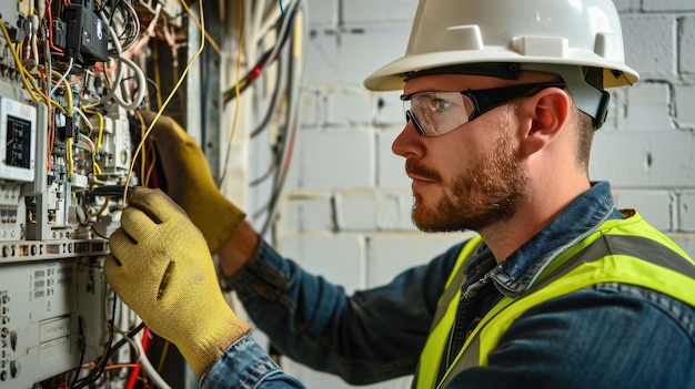 Um eletricista com um capacete amarelo trabalha meticulosamente em um painel elétrico complexo