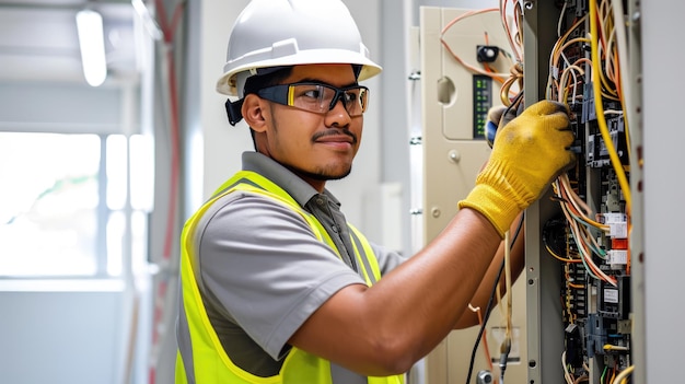 Um eletricista com um capacete amarelo trabalha meticulosamente em um painel elétrico complexo