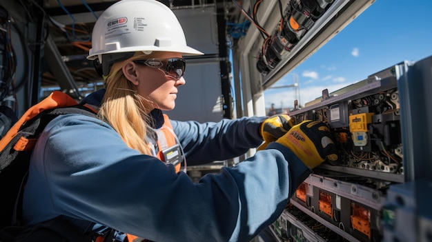 Um eletricista comercial trabalhando em uma caixa de fusíveis adornada com equipamentos de segurança Eletricista profissional