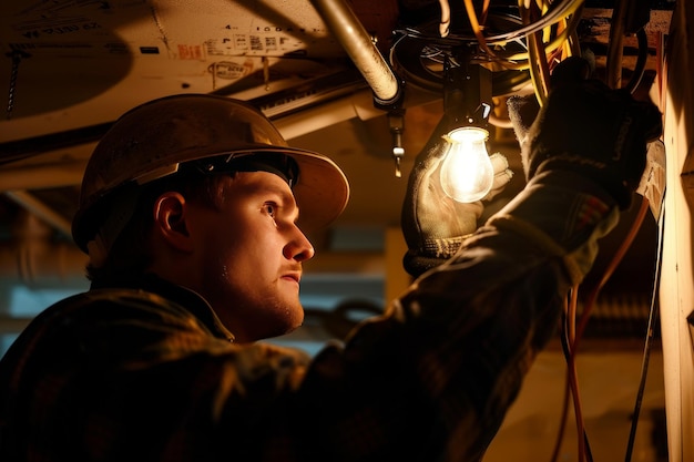 Um eletricista consertando uma luminária em uma sala mal iluminada mostrando experiência em reparos elétricos