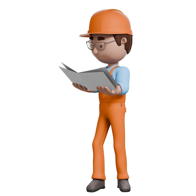 Um eletricista em uniforme laranja a ler um manual ou um esquema concentrando-se