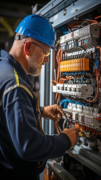 Um eletricista está a verificar o medidor de electricidade e outros dispositivos