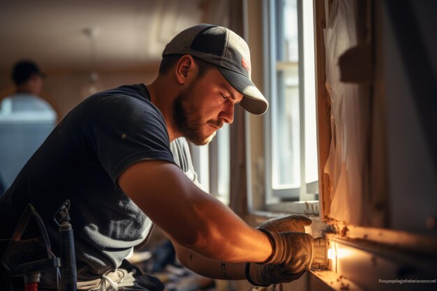 Um eletricista está consertando as luzes em uma estrutura de apartamento recém-renovada