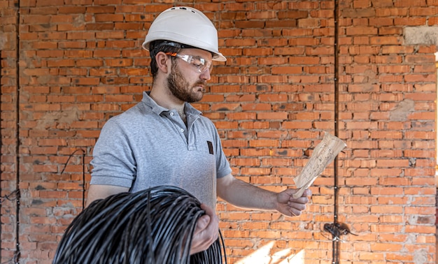 Foto um eletricista examina um desenho de construção enquanto segura um cabo elétrico na mão em um local de trabalho.