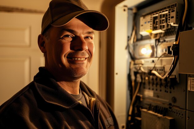 Um eletricista experiente sorrindo ao lado de um painel elétrico residencial aberto