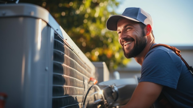 Um eletricista masculino dando um sinal de positivo Reparador de ar condicionado trabalhando em casa