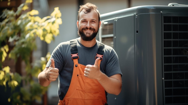 Um eletricista masculino dando um sinal de positivo Reparador de ar condicionado trabalhando em casa