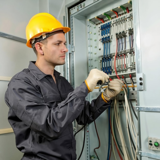 Um eletricista masculino trabalha em uma central elétrica com um cabo de conexão elétrica