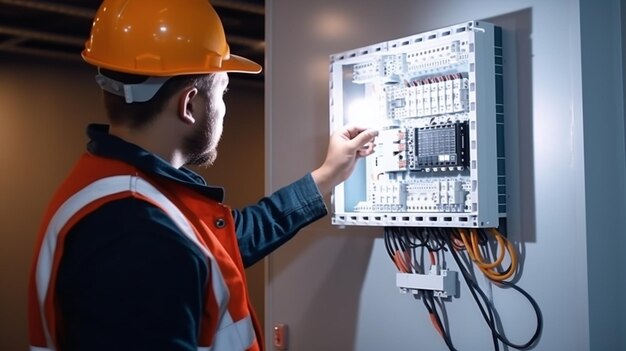 Um eletricista no trabalho a instalar um escudo