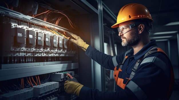 Um eletricista profissional qualificado reparando painéis elétricos e demonstrando sua habilidade e conhecimento