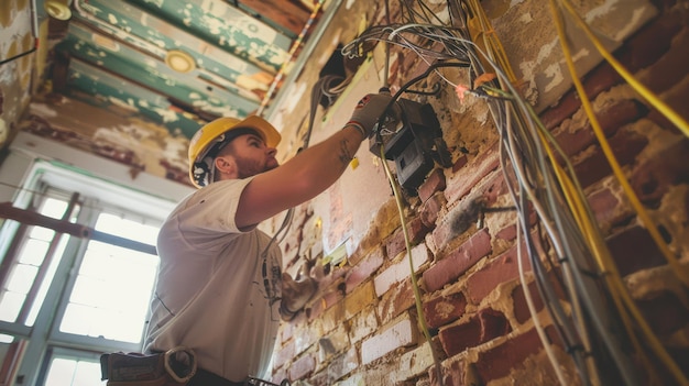 Foto um eletricista reconfigurando um edifício histórico para cumprir os códigos modernos