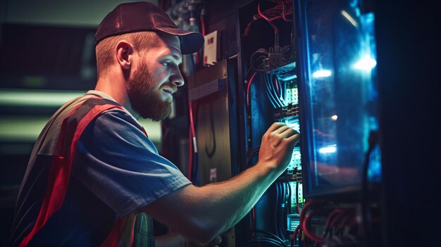 Um eletricista sorridente, bonito e habilidoso resolve problemas no painel do interruptor.