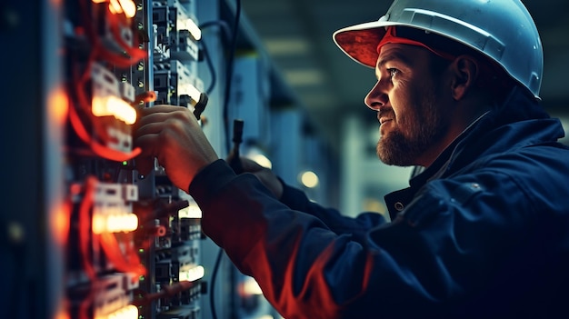 Foto um eletricista sorridente, bonito e habilidoso resolve problemas no painel do interruptor.