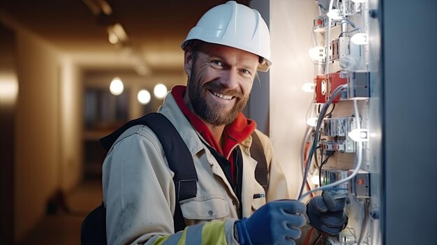 Foto um eletricista sorridente e bonito reparando uma caixa elétrica com pinças no corredor e olhando para a câmera hiper realista iluminação brilhante branco ar 169 id de trabalho 6ff4762b5bf6427ab8f067f0cce57584