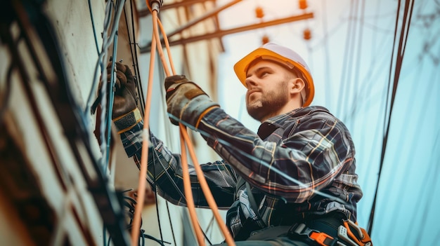 Um eletricista trabalhando em linhas elétricas aéreas