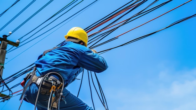 Um eletricista trabalhando em linhas elétricas aéreas