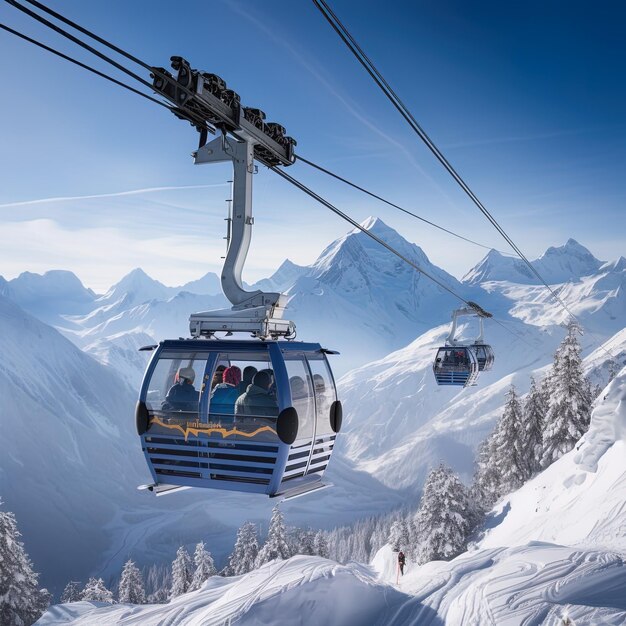 Foto um elevador de esqui com uma montanha coberta de neve ao fundo