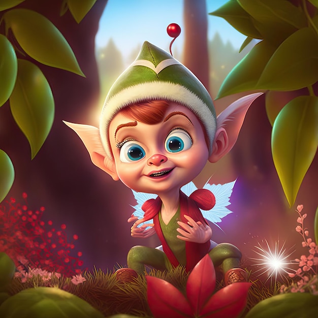Um elfo adorável com presentes de Natal e fundo de feliz natal com pinheiros