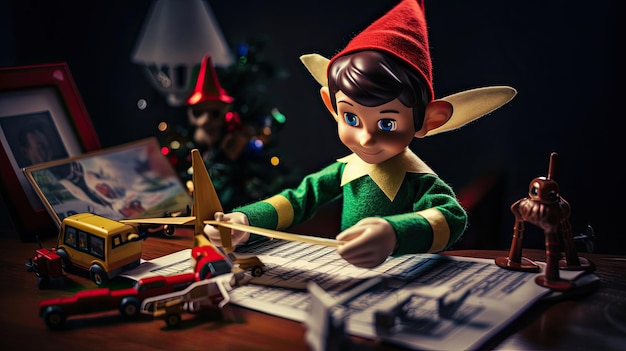 um elfo numa mesa com uma árvore de Natal ao fundo