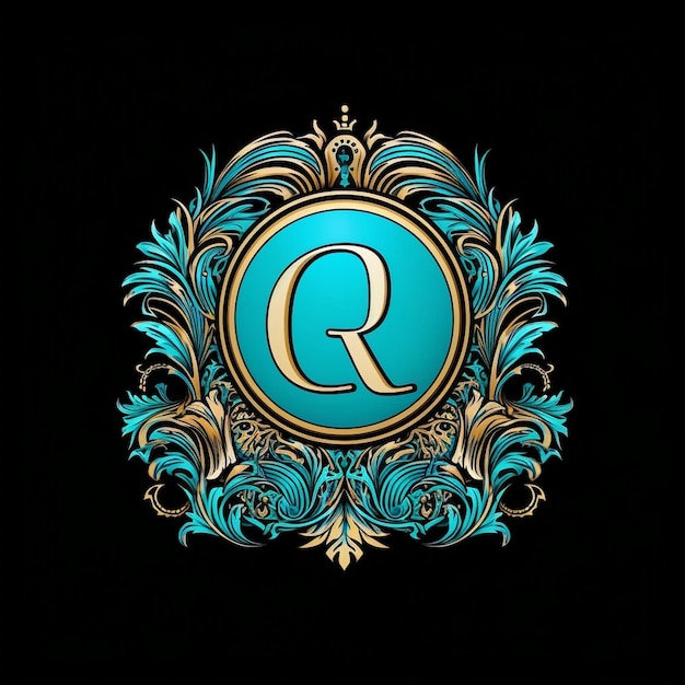 Um emblema azul e dourado com um grande logotipo R no meio