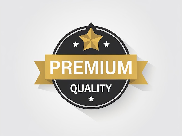 Foto um emblema dourado e preto com uma borda dourada e uma fita dourada que diz qualidade premium