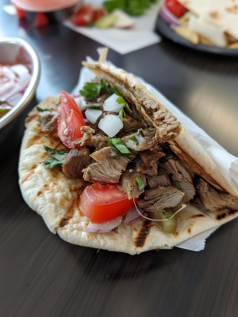 Um embrulho de shawarma recém-feito em uma mesa moderna servido com um lado de guarnições capturando a essência casual da refeição fastcasual contemporânea