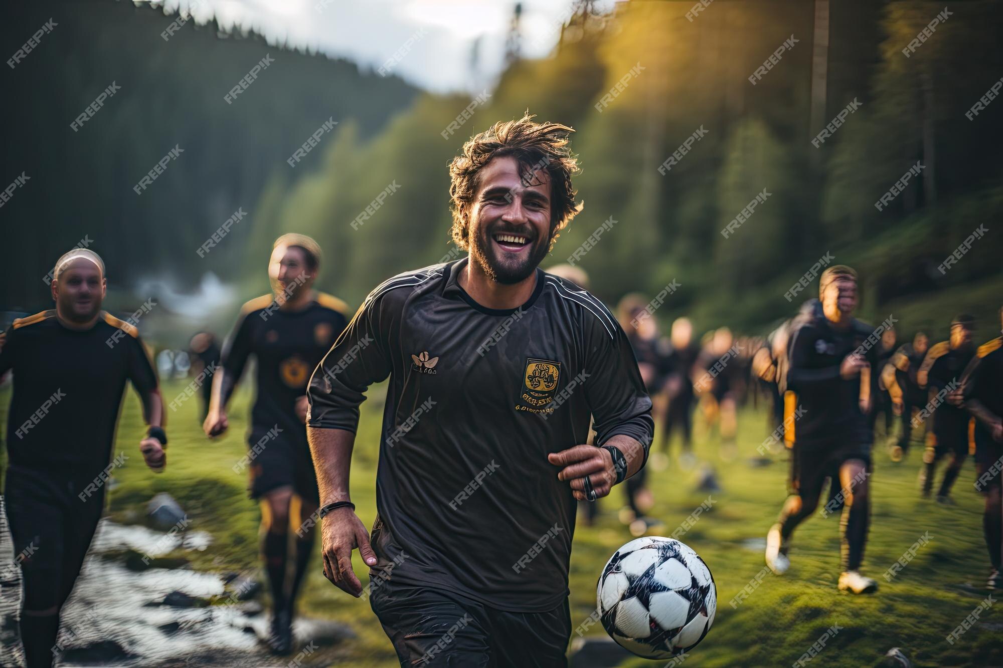 Um emocionante jogo de futebol acontecendo em um local incomum e