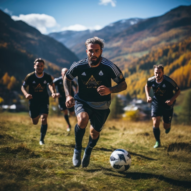 Um emocionante jogo de futebol que ocorre num local incomum e bonito.