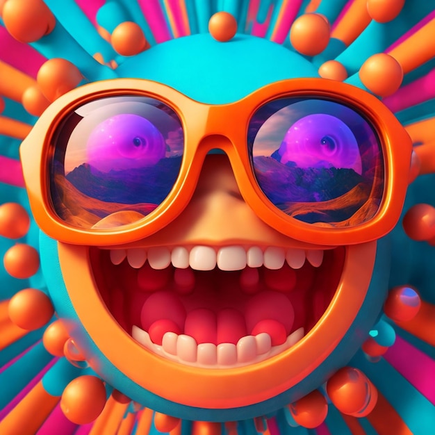 Foto um emoji animado com óculos em 3d hiperrealista com um fundo de desenho animado