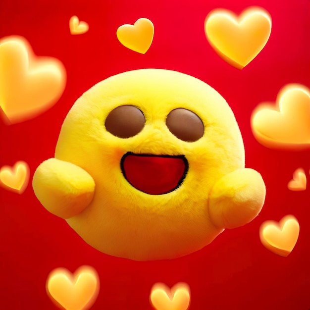 Foto um emoticon amarelo com fundo vermelho e corações ao redor.