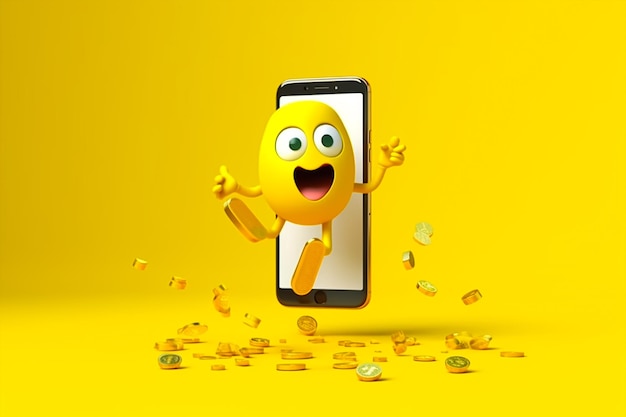 Um emoticon amarelo está saindo da tela do telefone.