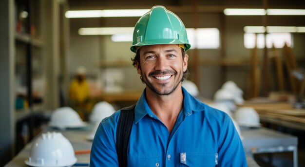 Foto um empregado de construção sorridente segurando um chapéu duro e sorrindo