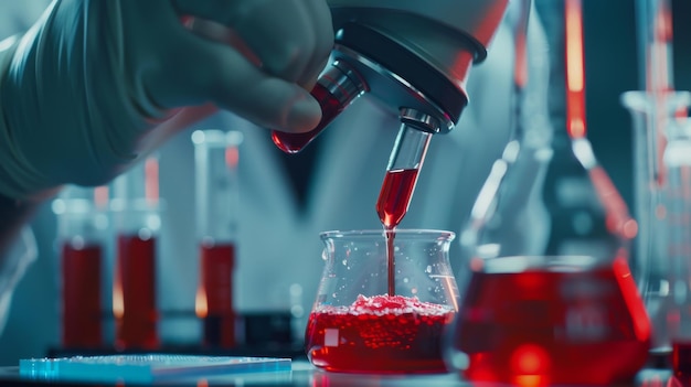 Foto um empregado de luvas derrama líquido químico vermelho em uma microplaca usando uma micropipeta microbiólogo trabalhando em um laboratório com equipamento tecnológico